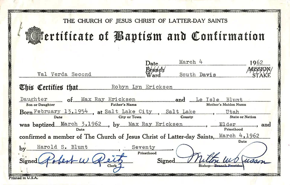 RLB Certificate of Baptism and Confirmation 1962