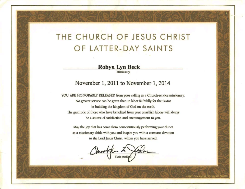 RLB Church Service Mission 2011-2014 Release Certificate